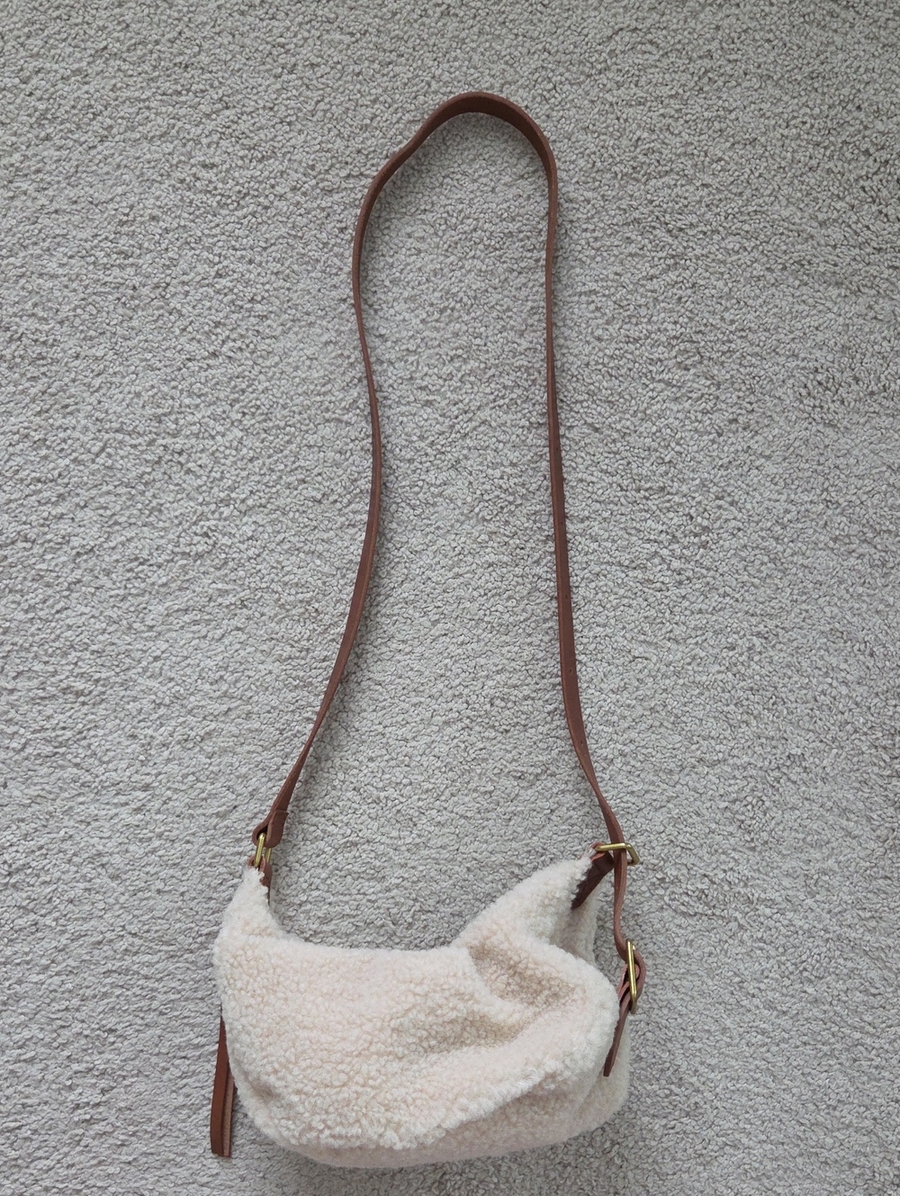 Madewell Cream Sherpa Crossbody with Brown Strap